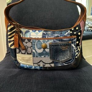 Coach Denim Patchwork Shoulder Bag - Blue and Brown